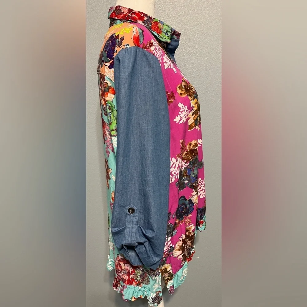 Calessa Boho Patchwork Floral Button Front Tunic Shirt Embroidered Sleeves 2X - Picture 2 of 9